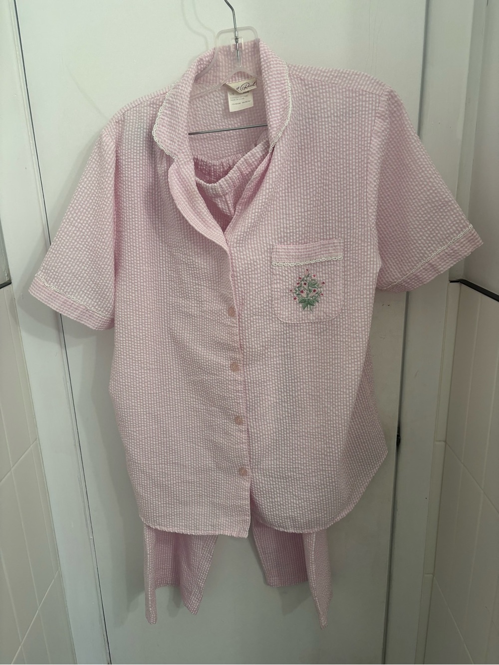 Carroll Reed Pink Short-Sleeve Button Pajama Set with Embroidered Pocket